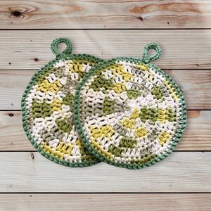 Hand Crafted Crochet Circle Pot Holder Green Multi Color Set Of 2